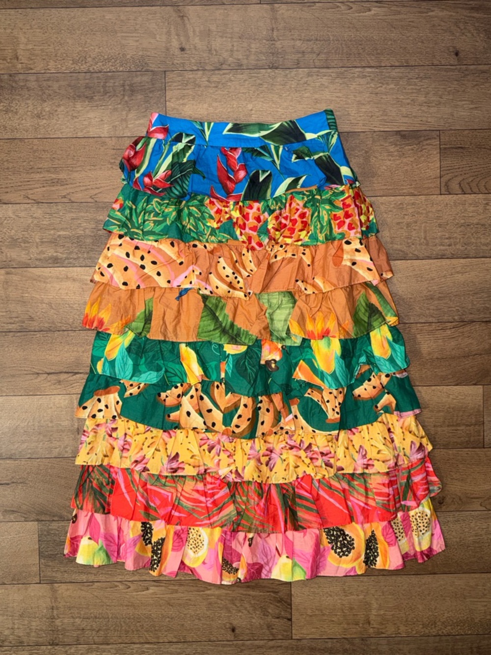 Farm Rio Size Small Tropical Tiered Ruffle Midi Skirt Mixed Print Vacation Beach